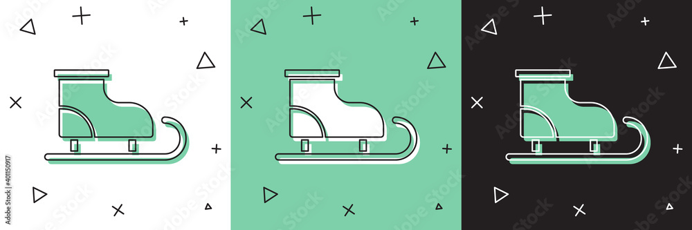 将花样滑冰鞋图标隔离在白色和绿色，黑色背景上。滑冰鞋图标。Sport bo