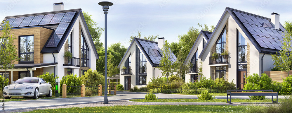 Beautiful Residential Houses with solar panels in a suburban neighborhood. Сharging for electric car