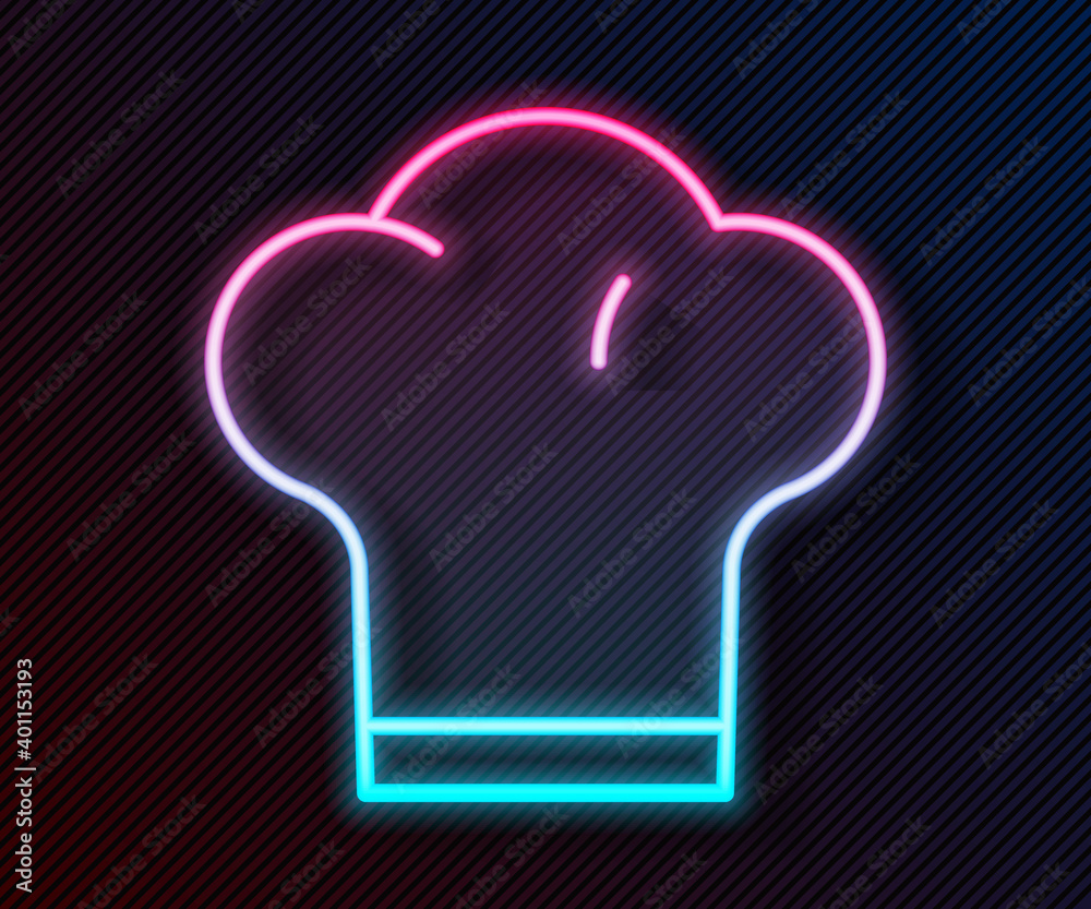 发光的霓虹灯线条厨师帽图标隔离在黑色背景上。烹饪符号。厨师帽。矢量。
