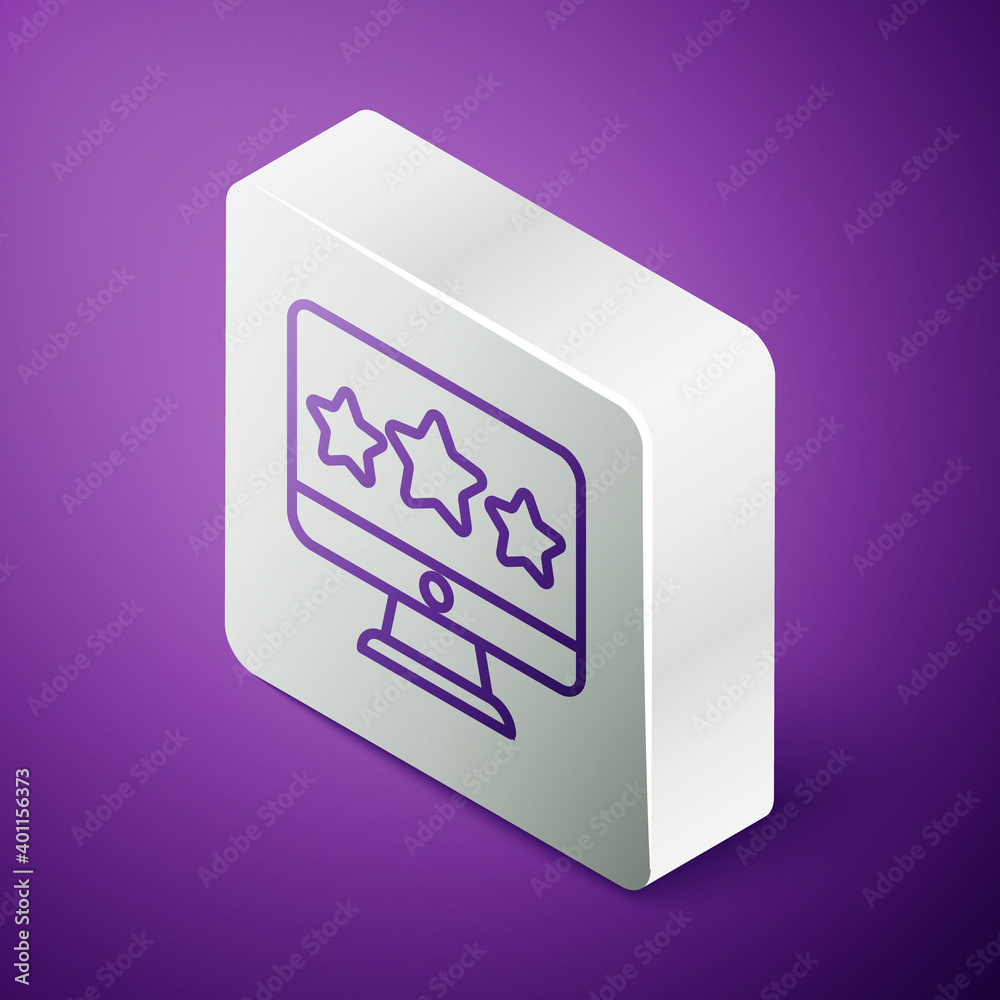 Isometric line Five stars customer product rating review icon isolated on purple background. Favorit