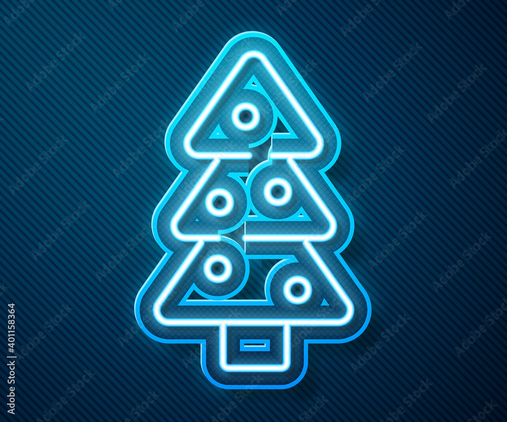闪闪发光的霓虹灯圣诞树，蓝色背景上有独立的装饰图标。圣诞快乐