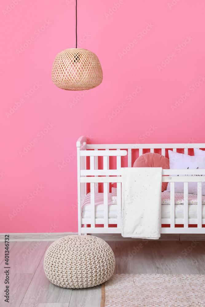Interior of modern childrens room with comfortable bed