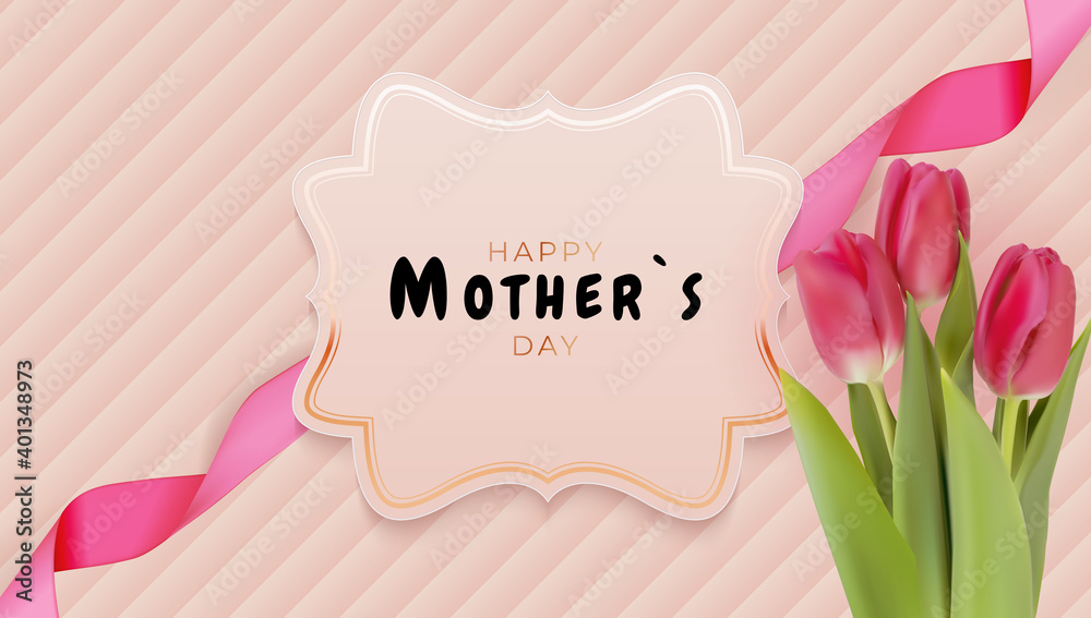 Happy Mother`s Day Card with Realistic Tulip Flowers. Vector Illustration EPS10