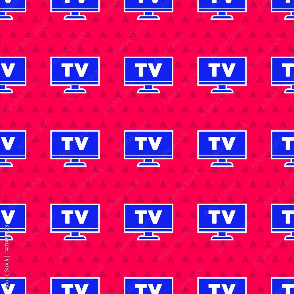 红色背景上的蓝色智能电视图标隔离无缝图案。电视标志。矢量。