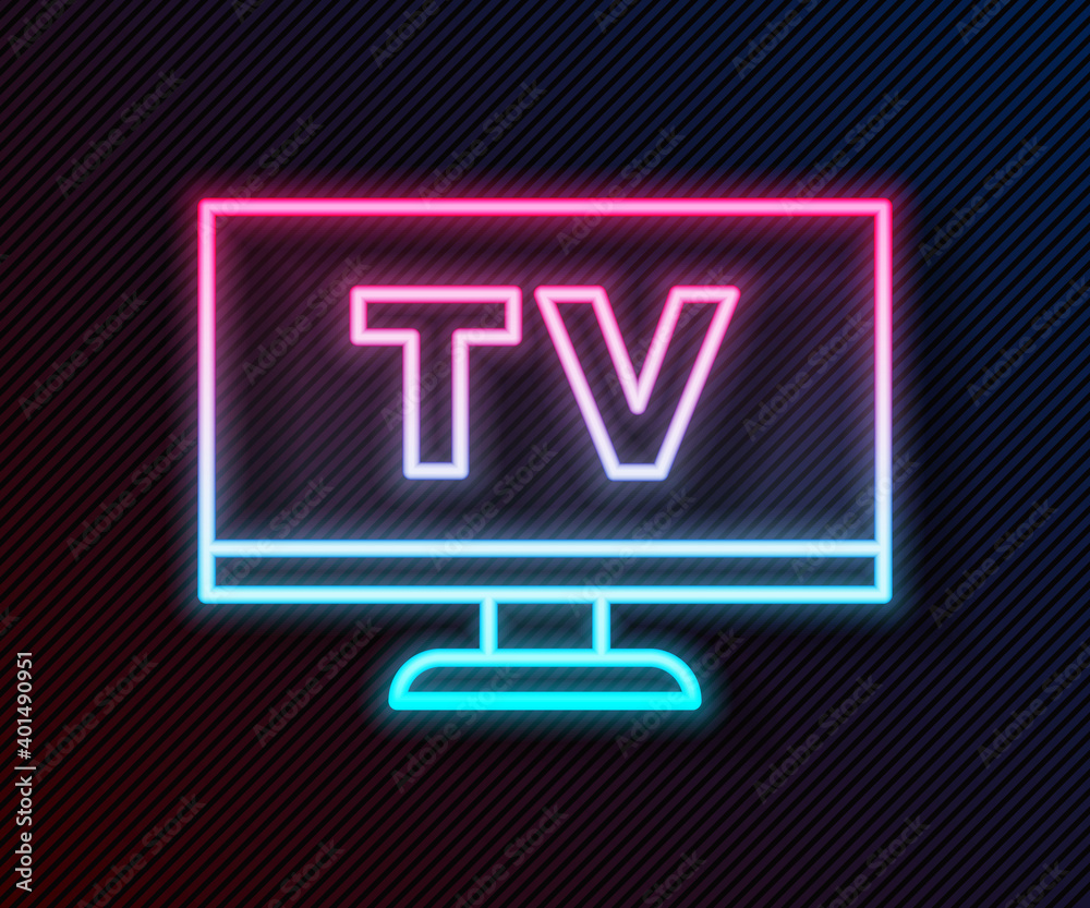 发光的霓虹灯线智能电视图标隔离在黑色背景上。电视标志。矢量。