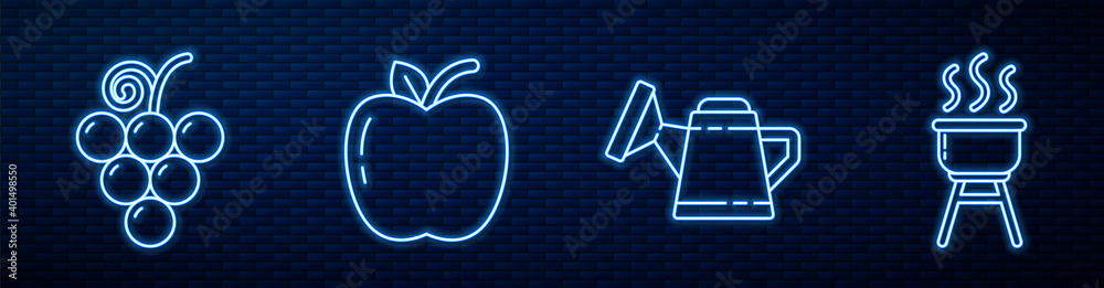 设线水壶、葡萄果、苹果、烧烤架和李子果。砖上闪闪发光的霓虹灯图标