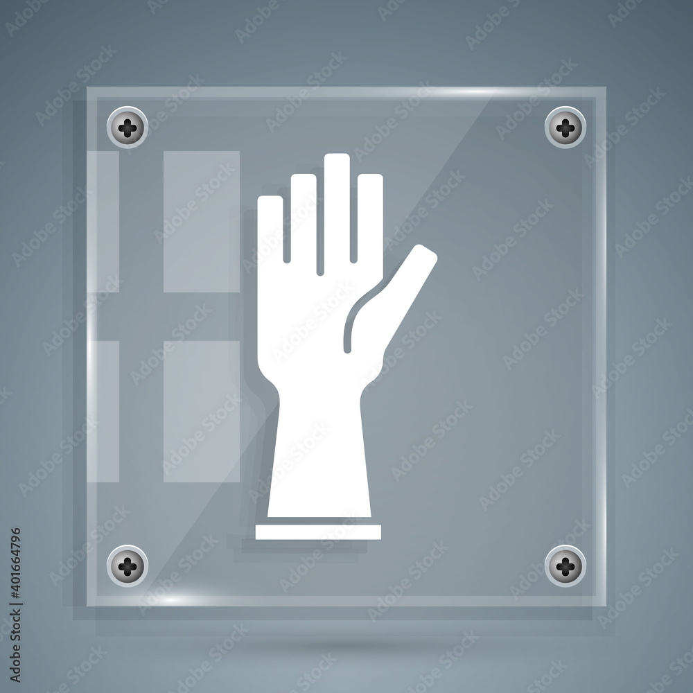 白色橡胶手套图标隔离在灰色背景上。乳胶护手标志。家务清洁