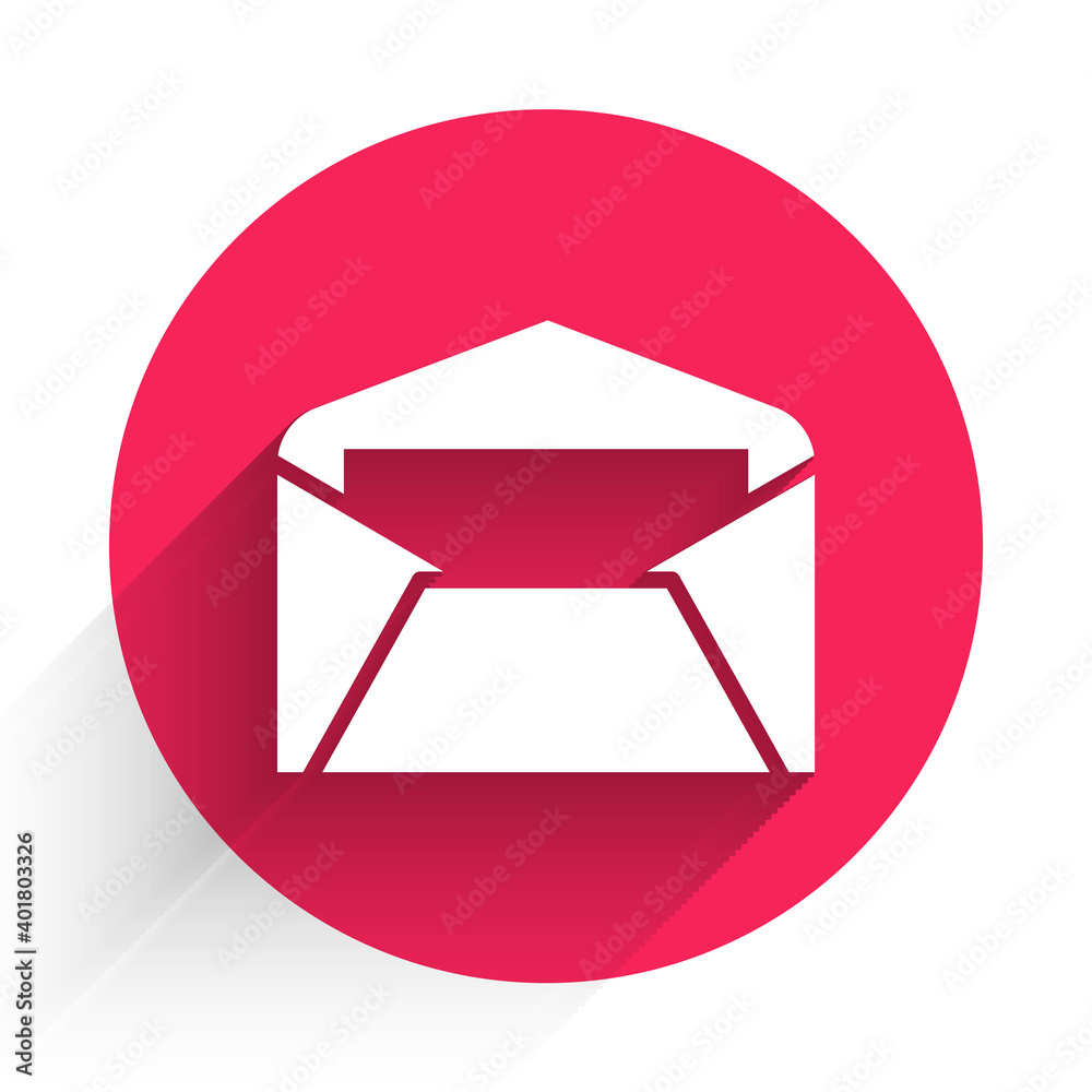 白色信封图标与长阴影隔离。电子邮件字母符号。红色圆圈按钮。Vecto