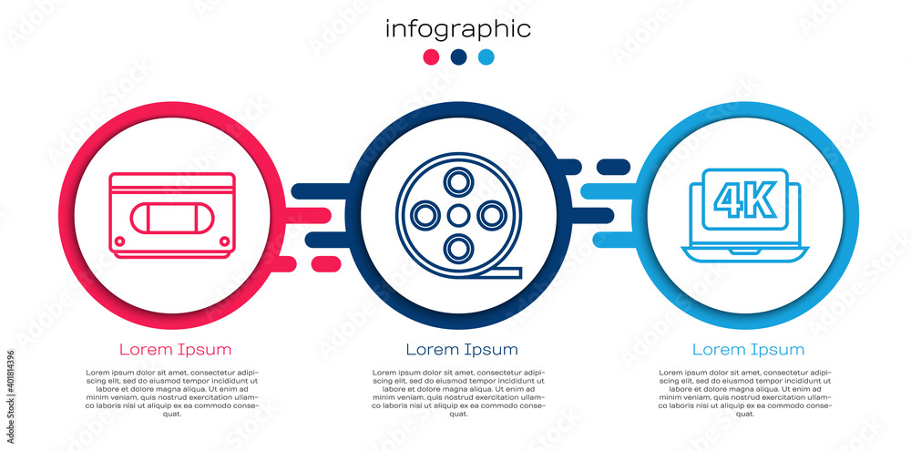 Set line VHS video cassette tape, Film reel and Laptop with 4k video. Business infographic template.