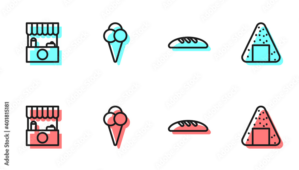 定线面包，带遮阳篷的街头摊位，冰淇淋华夫饼蛋卷和洋葱图标。矢量。