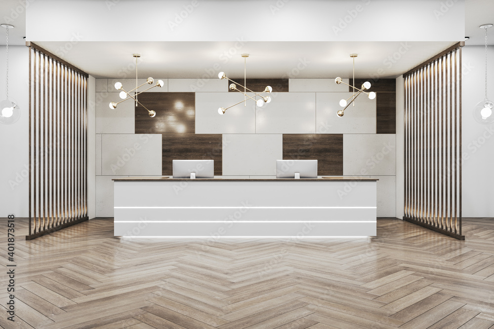 Modern office hall with wooden reception desk