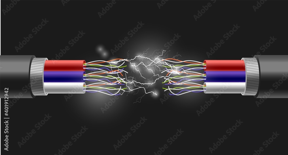 Burst of electrical wire realistic vector illustration on dark background.
