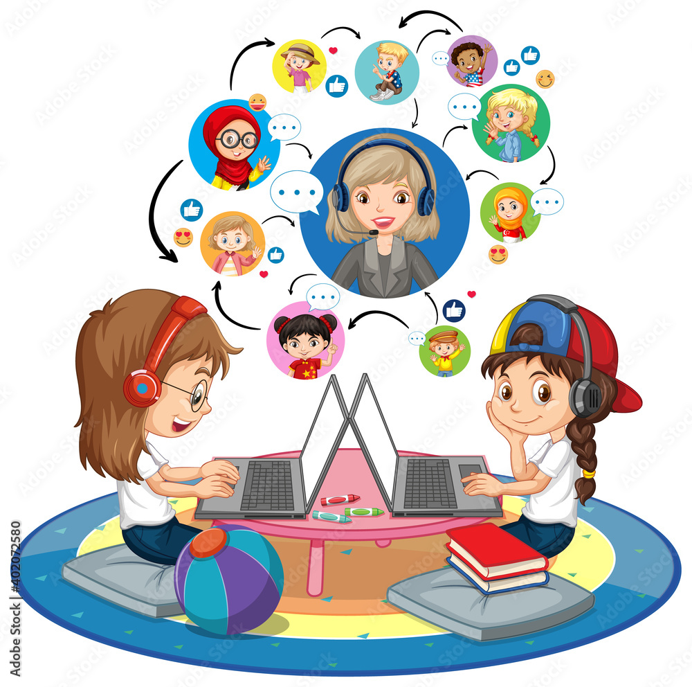 女孩使用笔记本电脑与老师和朋友在白色b上进行视频会议交流的侧视图