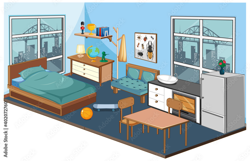 卧室内部采用蓝色主题的家具和装饰元素