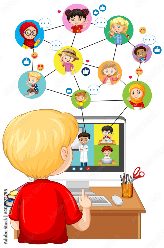 男孩在白色背景下看电脑进行在线学习的背面视图
