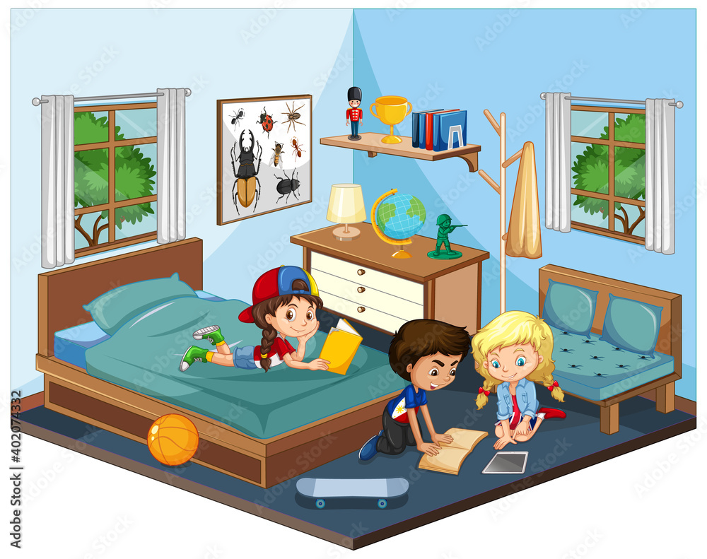 Kids in the bedroom in blue theme scene on white background