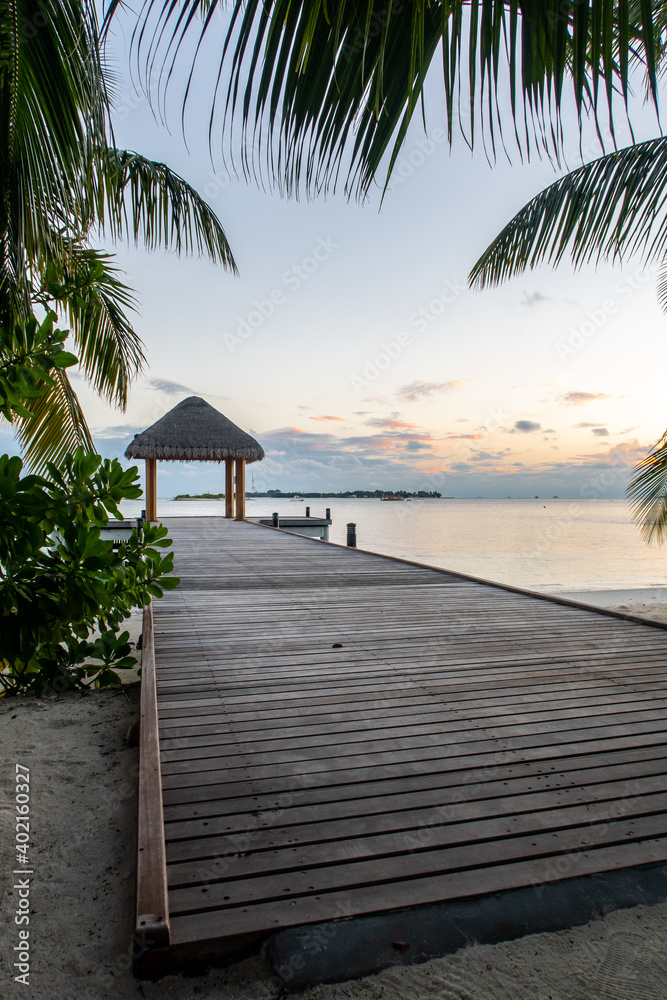 Wooden pier extending into the ocean with lush palm trees around  and thatched bungalow at the end, 