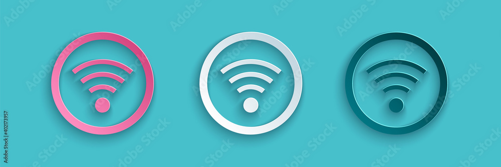 蓝色背景上隔离的剪纸Wi-Fi无线互联网符号图标。纸艺风格。