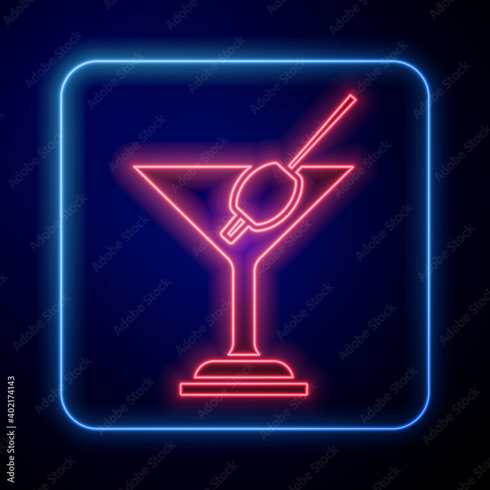 蓝色背景上的霓虹马提尼玻璃图标。鸡尾酒图标。酒杯图标。矢量。