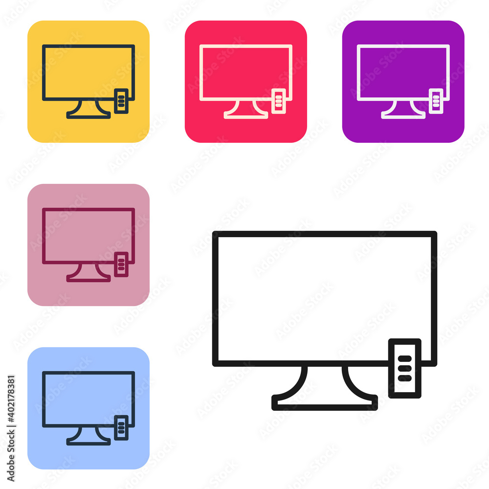 Black line Smart Tv icon isolated on white background. Television sign. Set icons in color square bu