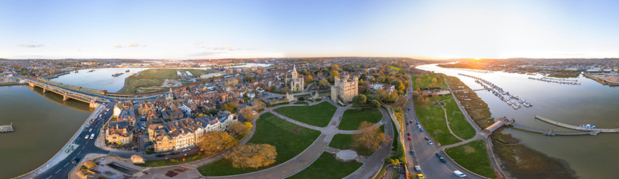 360 degrees aerial panorama of historical Rochester sunset