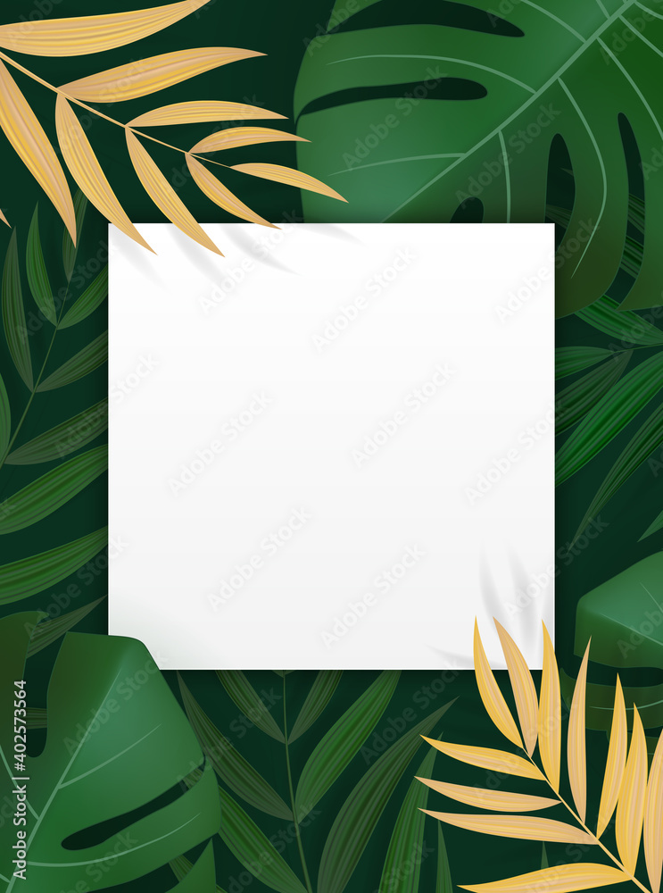 自然逼真的绿色棕榈叶热带背景，空白边框。矢量插图EP