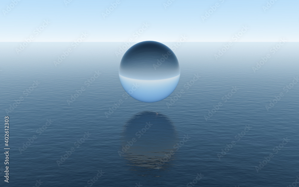 平静的海洋上的水球，奇妙的场景，三维渲染。
