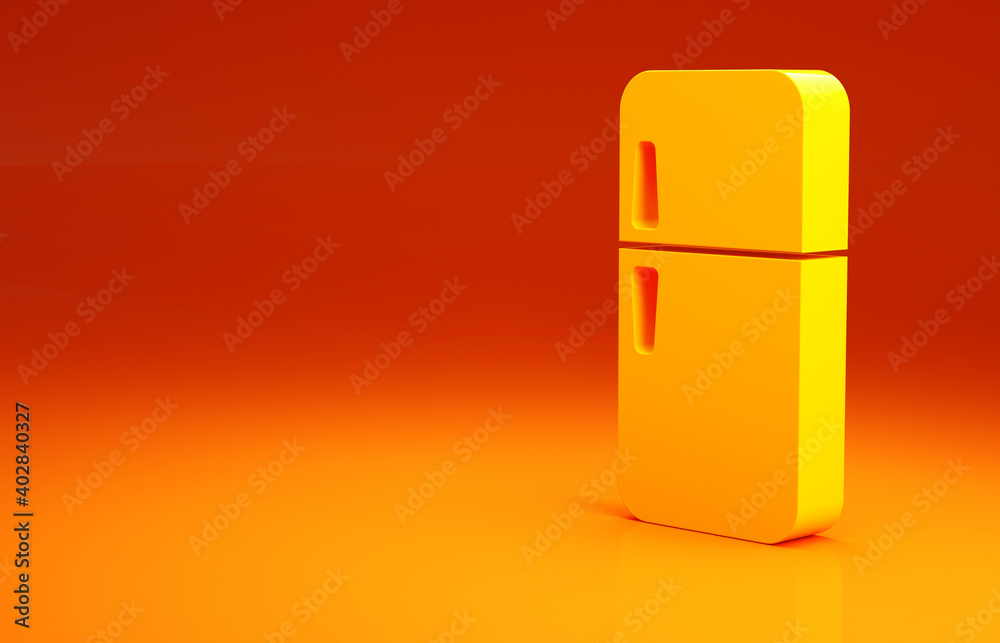 黄色冰箱图标隔离在橙色背景上。冰箱冷冻冰箱。家用技术