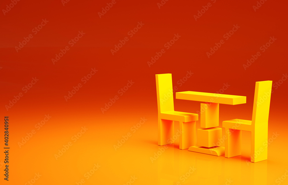 黄色木桌，橙色背景上有椅子图标。极简主义概念。3d插图
