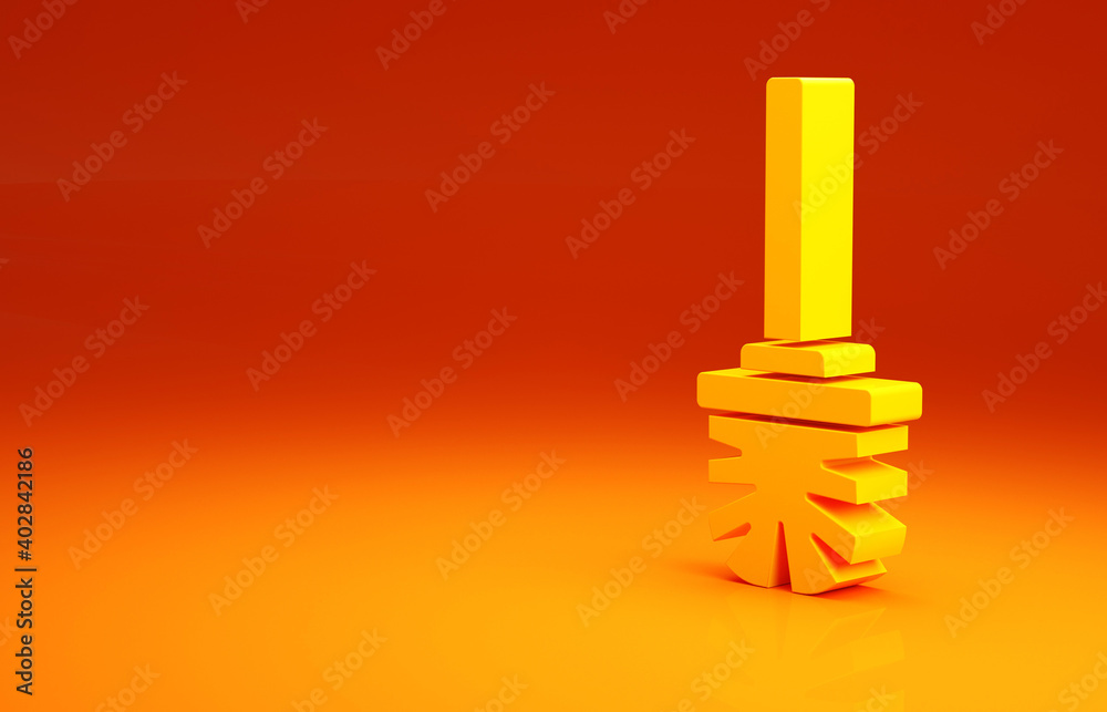 黄色马桶刷图标隔离在橙色背景上。极简主义概念。3d插图3d rende