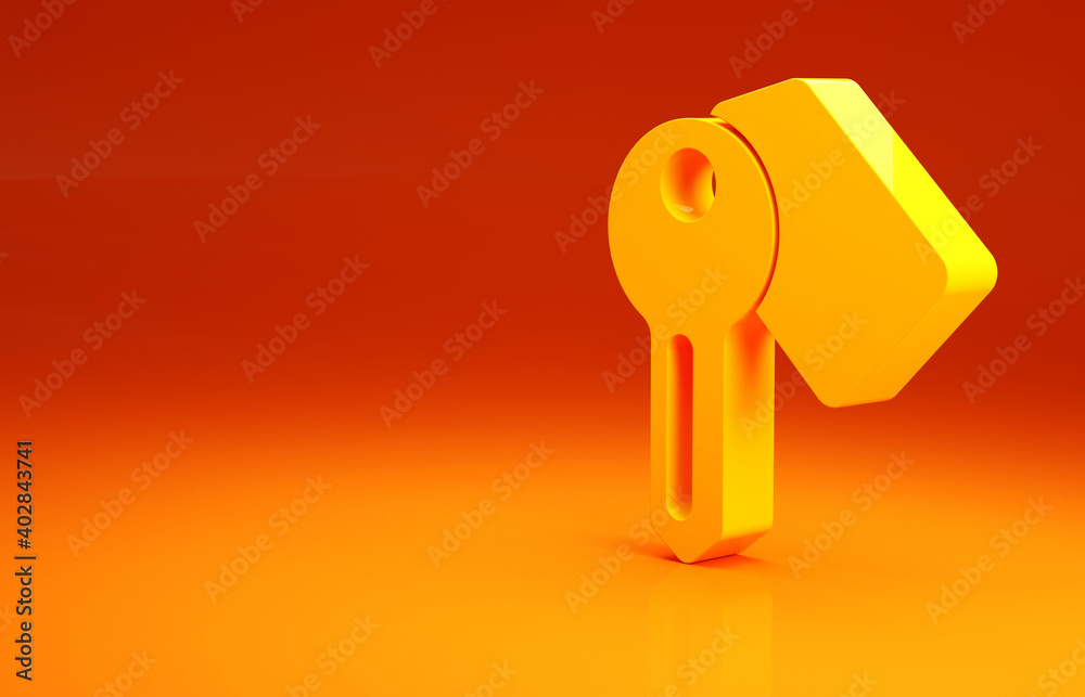 黄色酒店门锁钥匙图标隔离在橙色背景上。极简主义概念。3d插图3