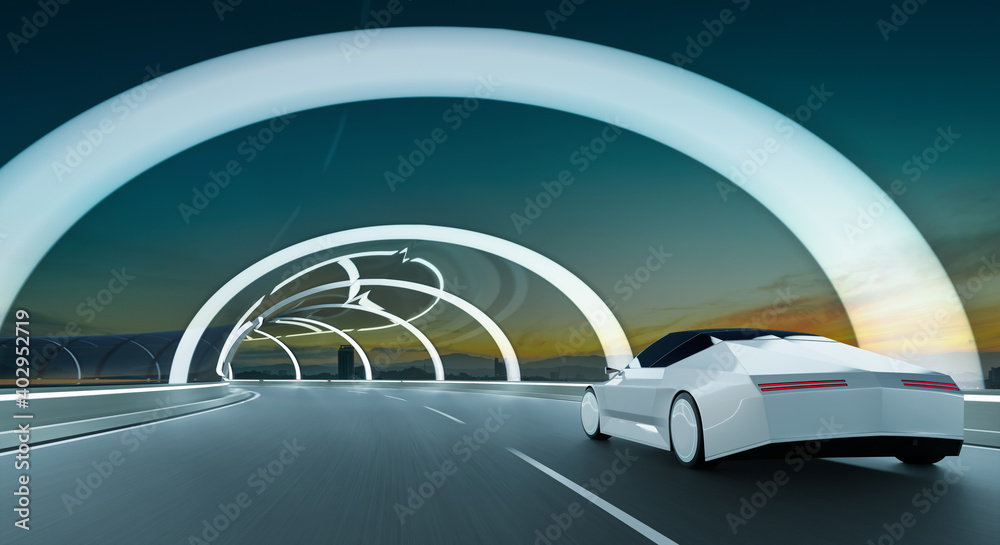 无牌跑车在隧道立交路上行驶。三维渲染