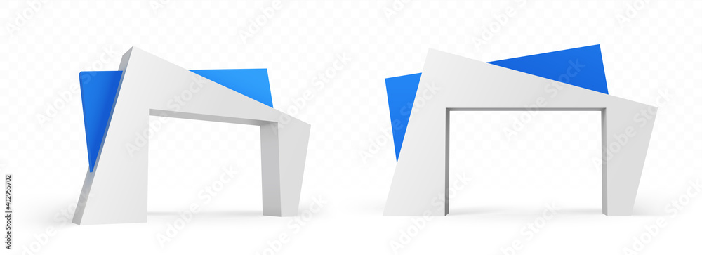 现代建筑设计的三维拱门，抽象的蓝色和白色建筑，大门结构