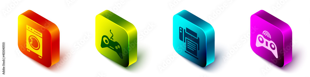 Set Isometric Washer, Gamepad, Printer and Wireless gamepad icon. Vector.