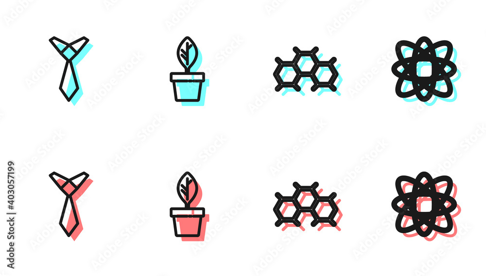 设置线化学配方、领带、花盆和原子图标。矢量。