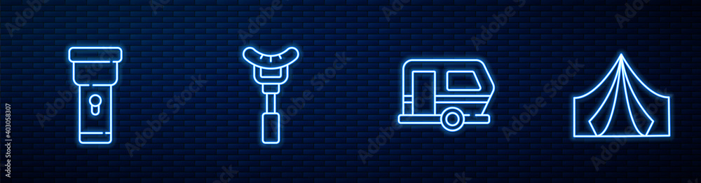 Set line Rv Camping trailer, Flashlight, Sausage on the fork and Tourist tent. Glowing neon icon on 