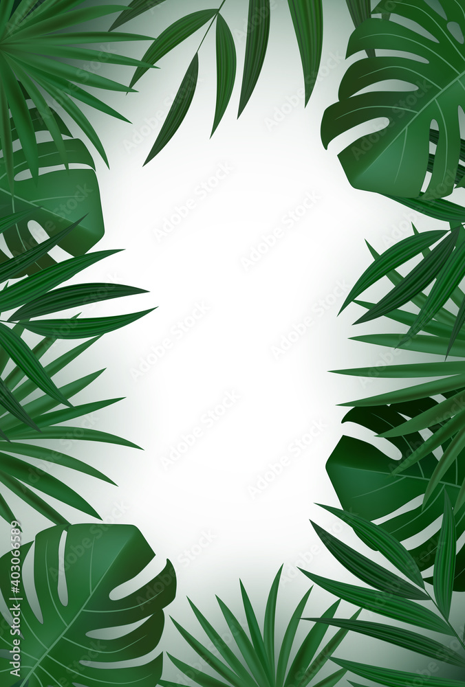 自然逼真的绿色棕榈叶热带背景。矢量插图EPS10