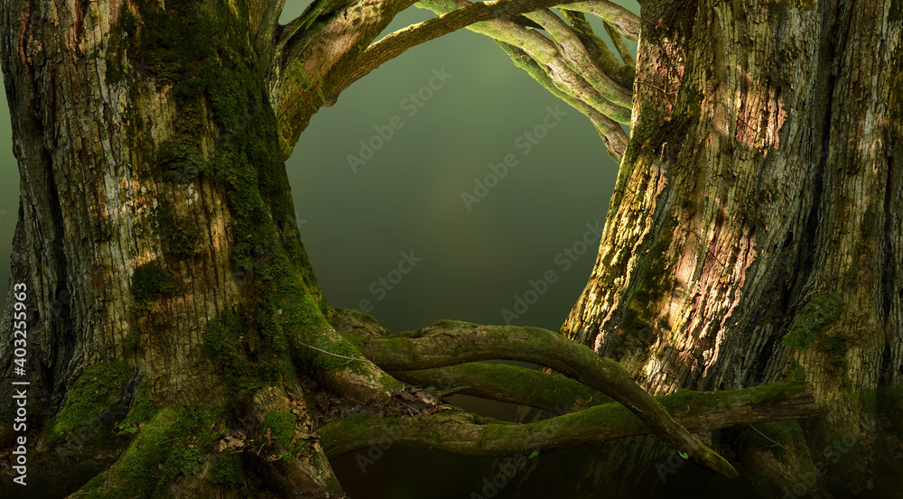 Forest gates. Old thick mossy trees with crooked branches and roots composed as magical doorway into