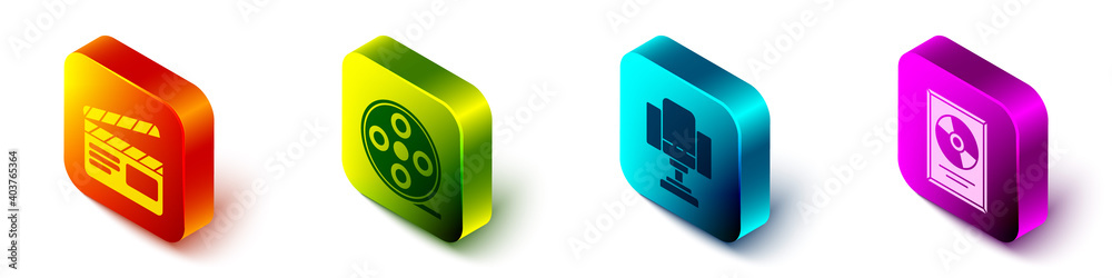 Set Isometric Movie clapper, Film reel, Director movie chair and CD disk award in frame icon. Vector