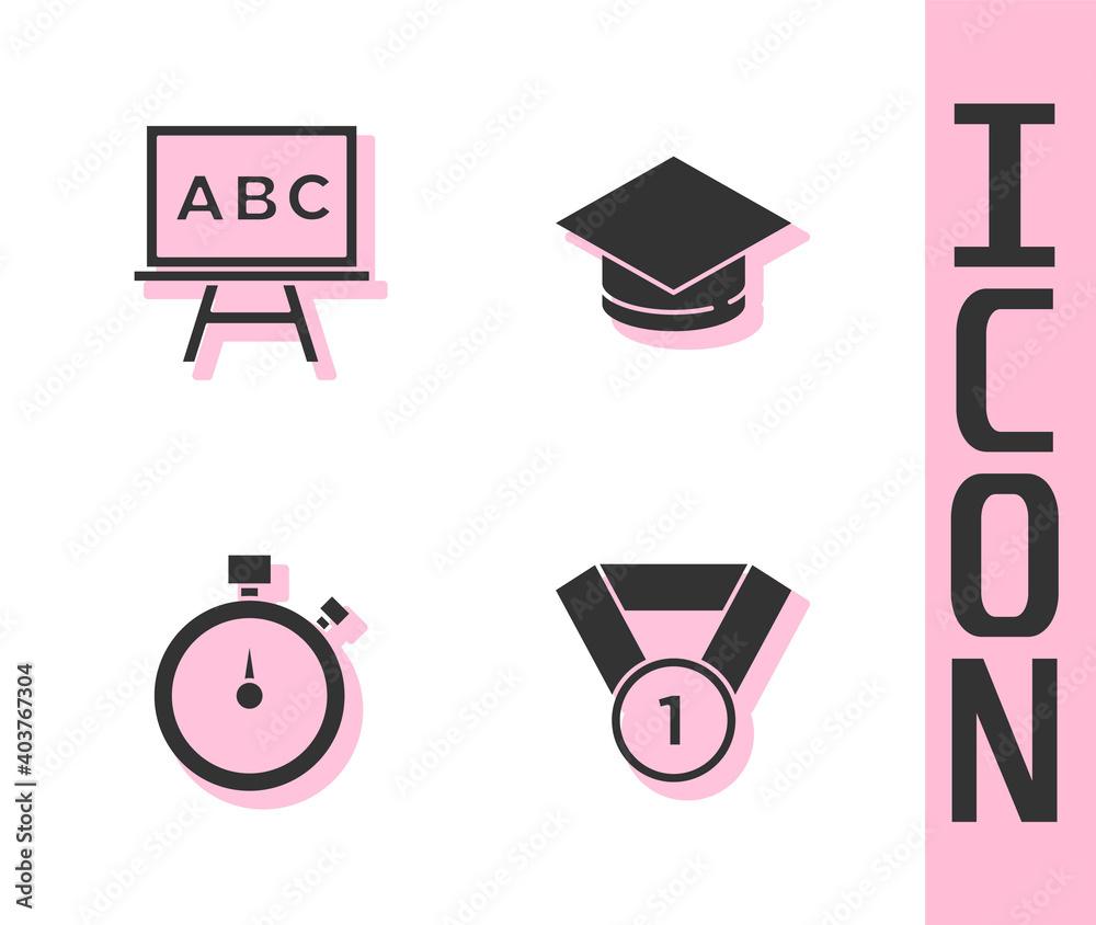 套装奖章、黑板、秒表和毕业帽图标。矢量。