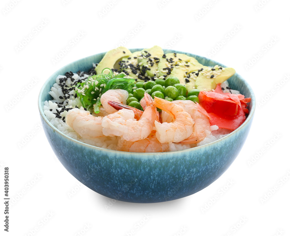 白底米饭、虾和蔬菜的碗