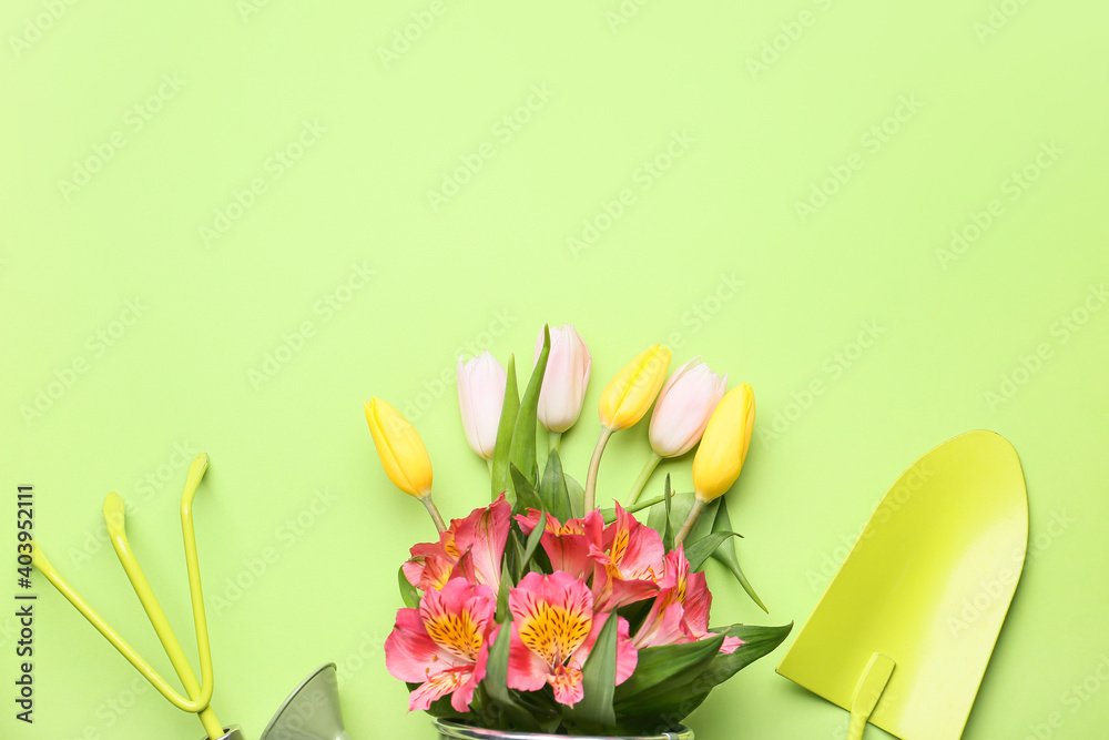 彩色背景上的园艺工具和花朵