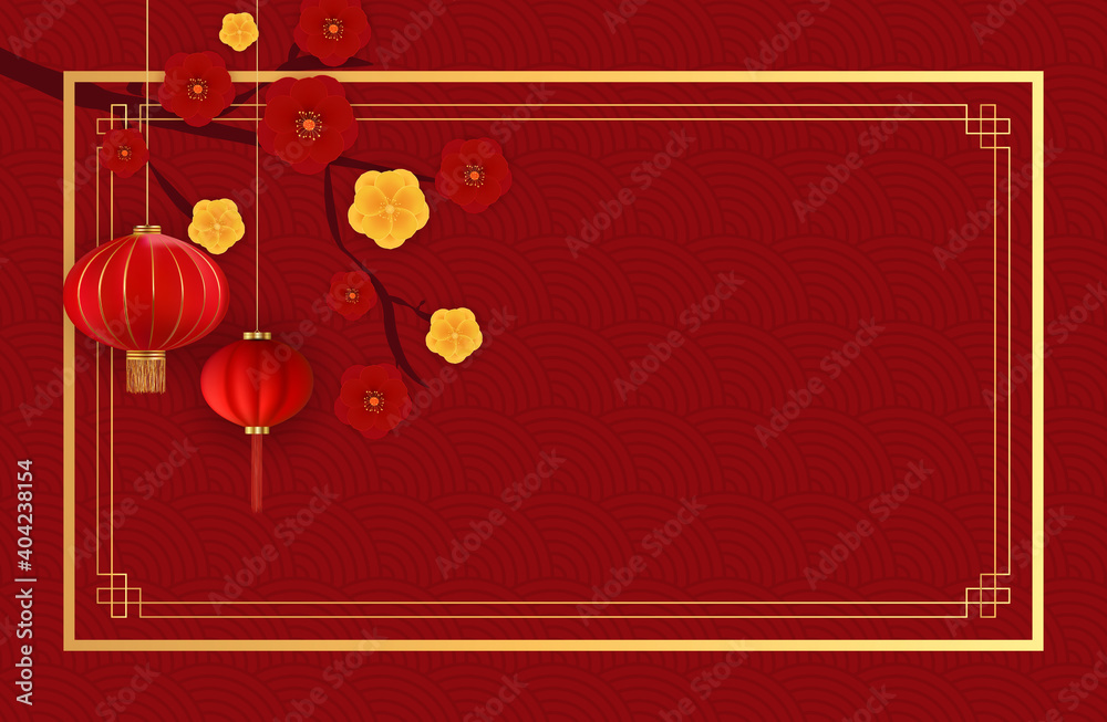 Abstract Chinese Holiday Background with hanging lanterns and plum flowers. Vector Illustration EPS1