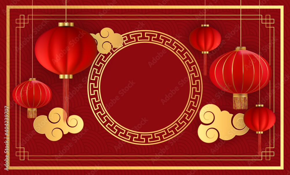 抽象的中国节日背景，挂着灯笼和金色的云朵。矢量插图EPS10