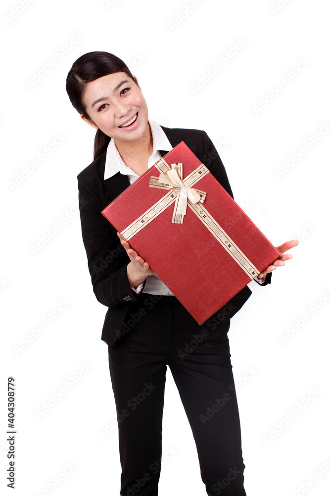 A young Business woman holding gift box 