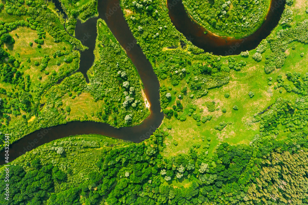 Aerial View Of Summer Curved River Landscape In Sunny Summer Day. Top View Of Beautiful European Nat