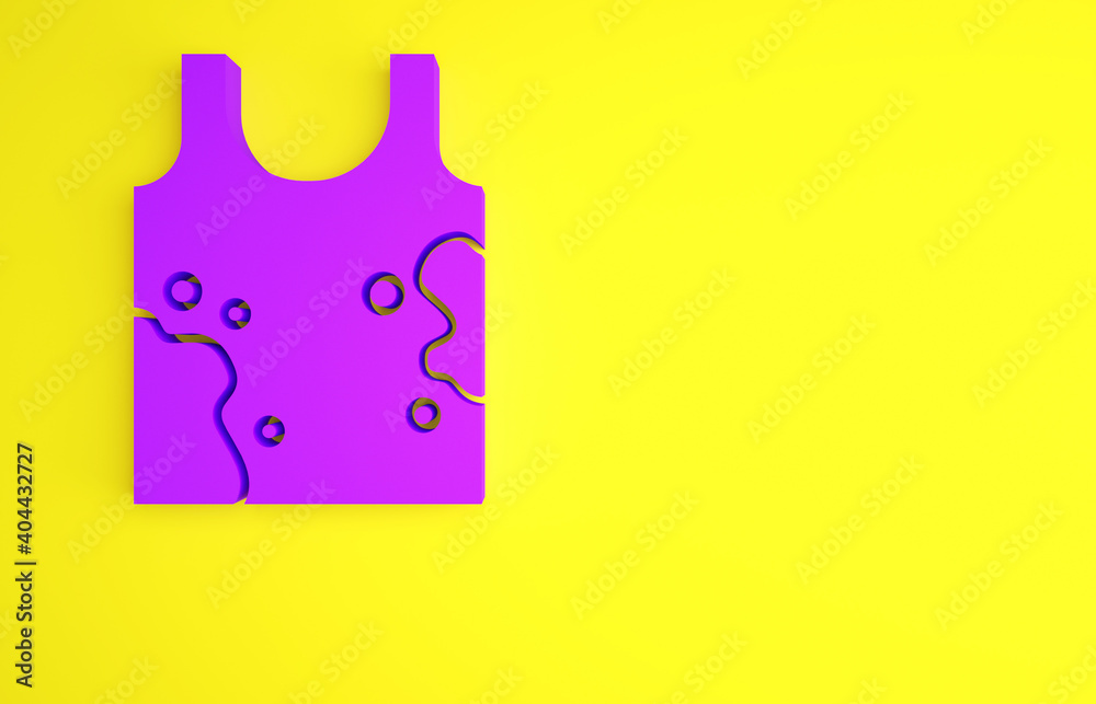 紫色脏t恤图标隔离在黄色背景上。极简主义概念。3d插图3d趋势