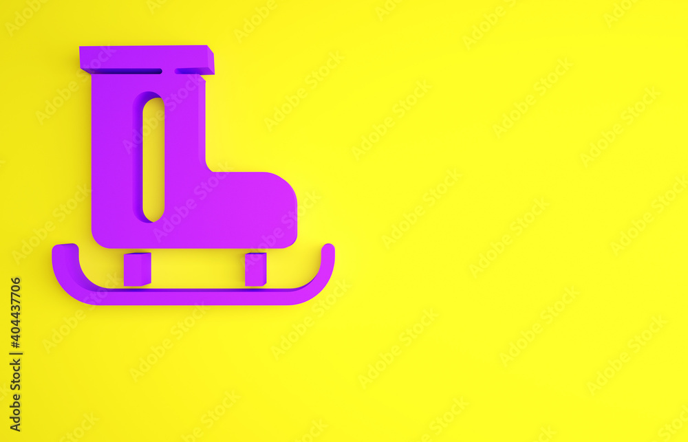 黄色背景上隔离的紫色花样滑冰鞋图标。冰鞋图标。带刀片的运动靴
