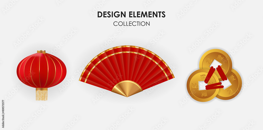 Realistic 3d  Chinese Holiday Design Elements: hanging lanterns, fan and gold coins collection set. 