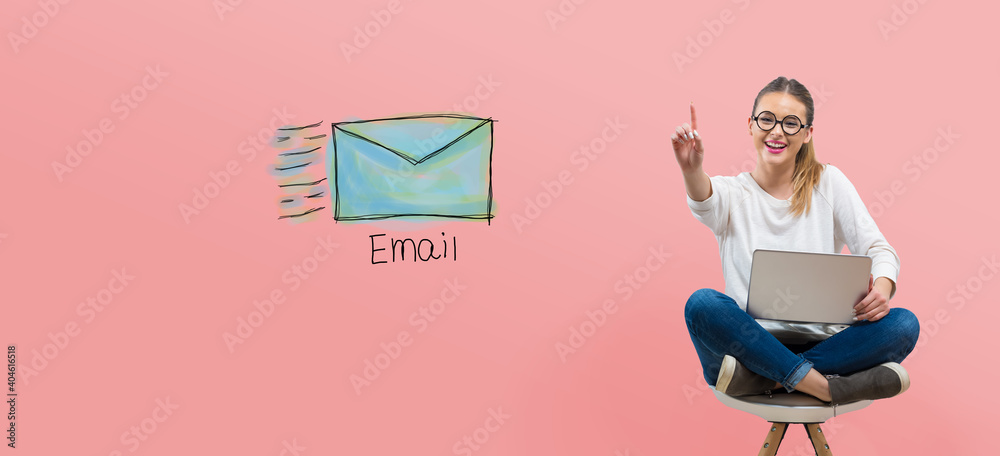 Email with young woman using her laptop
